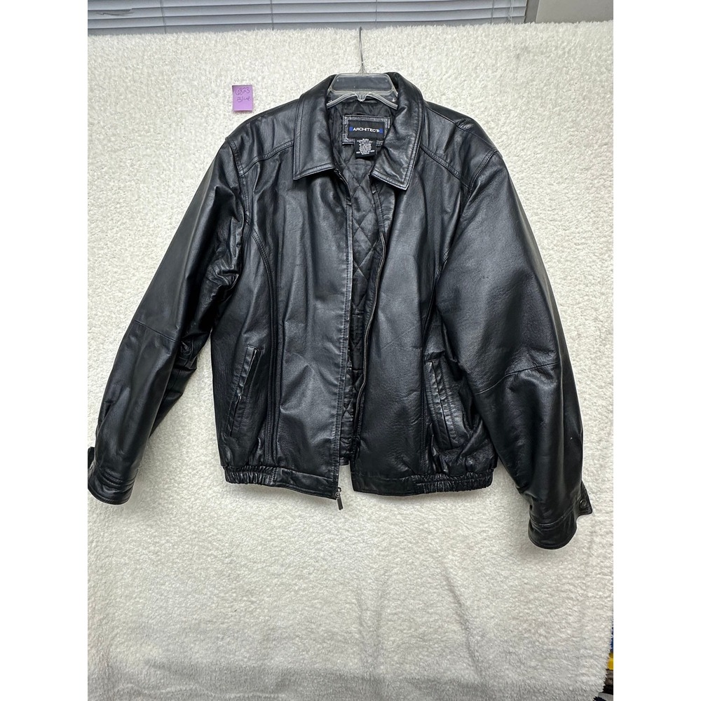 Architect Mens Black Genuine Leather Bomber Jacket XL Full Zip Quilted Lining